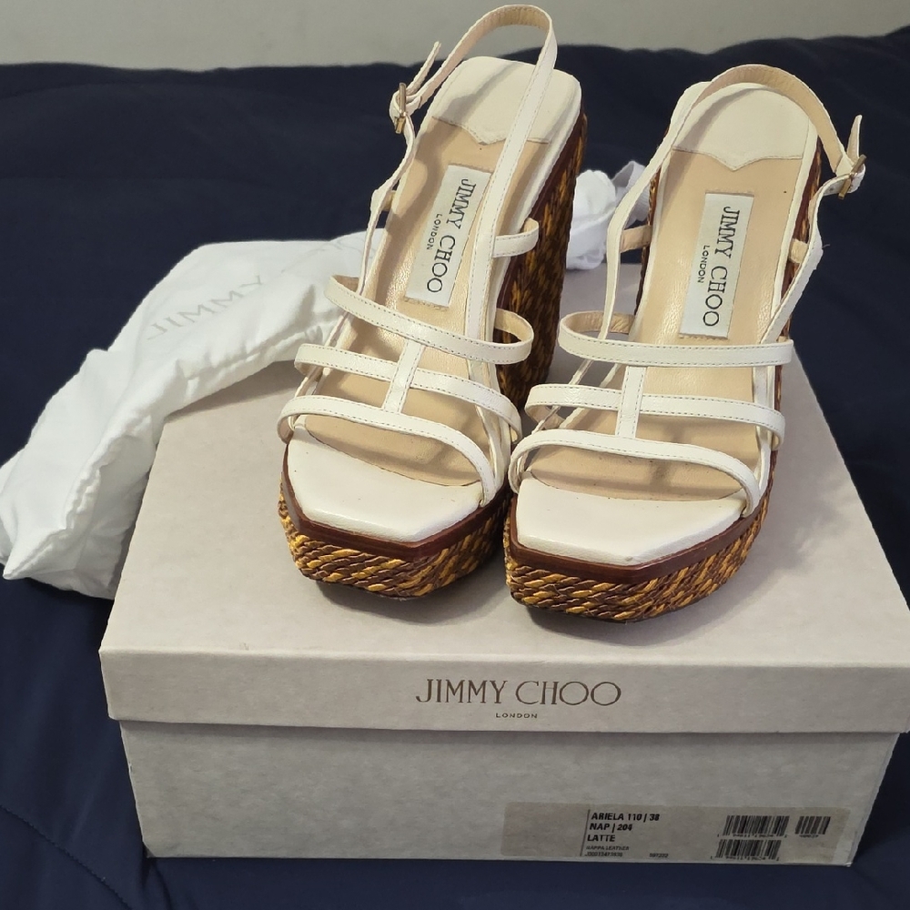 Jimmy Choo Cream Strappy Wedge Sandals with Woven Brown Platform